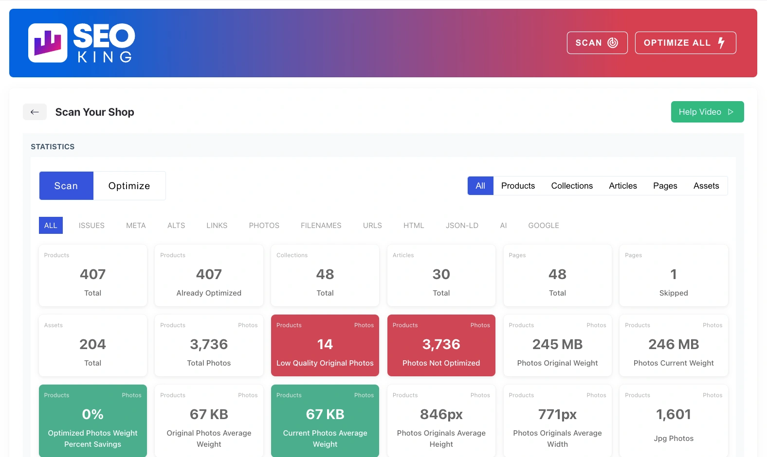 SEO King app interface showing site scan results with various SEO metrics and recommendations